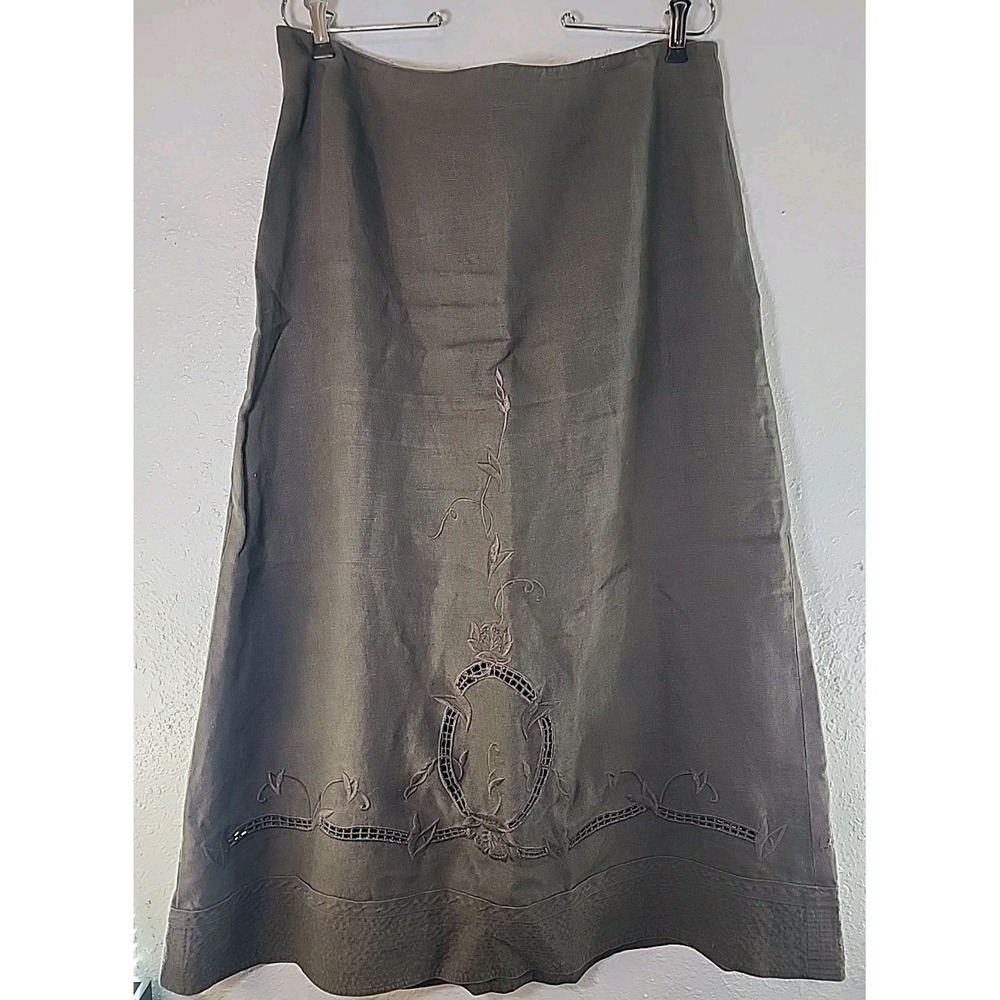 Cabi Skirt Size 10 Taupe Brown‎ 100% Linen Embroidered  Mid Calf 90s Y2K Boho